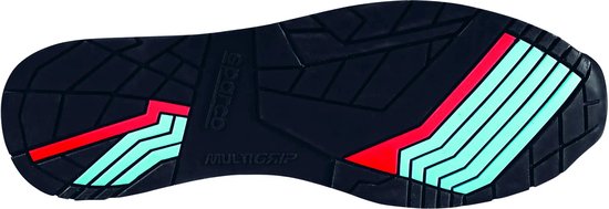 Semelle extérieure noire de basket avec des lignes rouges et vert menthe, logo Sparco et Multigrip.
