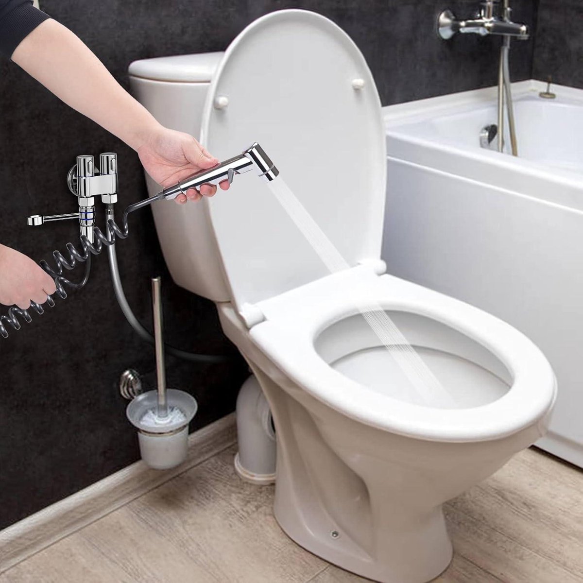Handdouche voor toilet, bidetsproeier voor toilet, met douche, houder en kraandispenser, 1,5 m bidetslang, verchroomd, voor het wassen van huisdieren, de