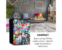 Klarstein Koelkast Cool Vibe - Inhoud: 70 liter, VividArt Concept: Deur met stickerbomb-designprint, ijsvak, ijsblokjesbakje, geluidsniveau: 42 dB, zwart - 72L - Mini Fridge - Compact Koelkast - Kleine Koelkast - Vrijstaande Koelkast