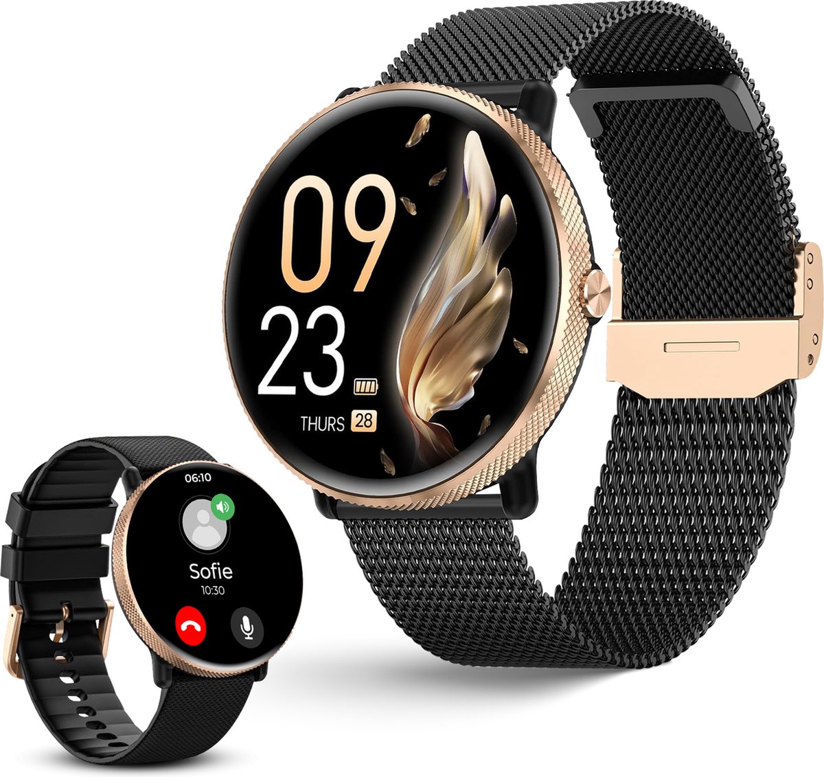 DynaBright AMOLED Smartwatch Dames - RVS en Siliconen Bandje - iOS (Apple) & Android - Stappenteller en Hartslagmeter - Waterdicht
