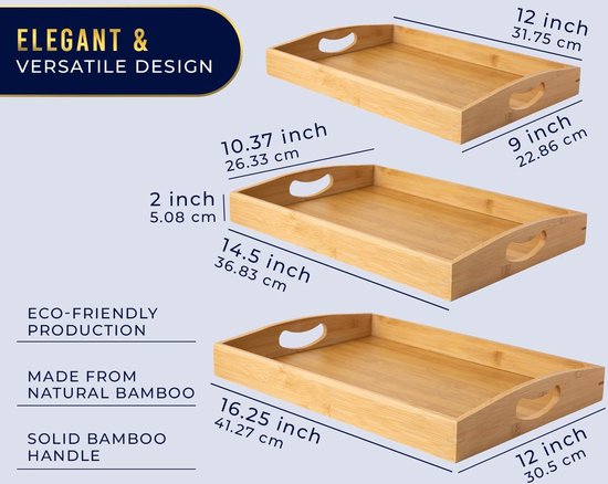 Attop Bamboo Serving Tray Set 16.5"x11.8" With Handles Hexagon & Square Small Plates For Family Dinner Natural