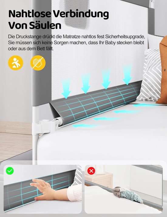 Barrière de lit 180 cm pour enfant - Montage rapide - Réglable en hauteur - Barrière de lit enfant pour lits enfants et lits parents - Barrière de lit NesriToy
