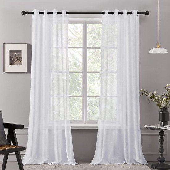 DWCN Voile gordijnen met plooiband in linnenlook, transparante gordijnen, 2 stuks, halftransparante gordijnen voor woonkamer, transparante gordijnen, kort, wit, 160 x 140 cm (H x B