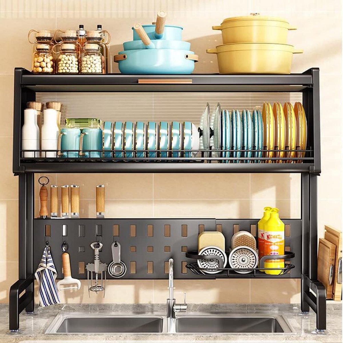 Goedkoopste Afdruiprek, boven de gootsteen, droogrek, 3 niveaus met kast, telescopische organizer, ruimtebesparend serviesrek, lengte keukenrek, 60 - 80 cm, zwart