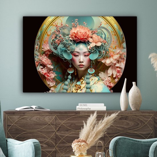 Une peinture d'une femme asiatique avec une grande coiffe florale dans des tons pastel et bleus.