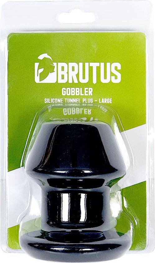 Grote zwarte siliconen tunnel plug van Brutus, in doorzichtige verpakking.