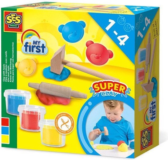 SES Creative - My First - Klei met tools - 3 kleuren - met Hamertje en Deegroller – Glutenvrije klei - Makkelijk Uitwasbaar – vanaf 1 jaar