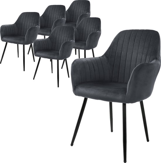 ML- Ensemble Design de 6 chaises de salle à manger avec dossier et accoudoirs, gris, chaises de cuisine avec revêtement en velours, chaises rembourrées avec pieds en métal, chaises ergonomiques pour table à manger