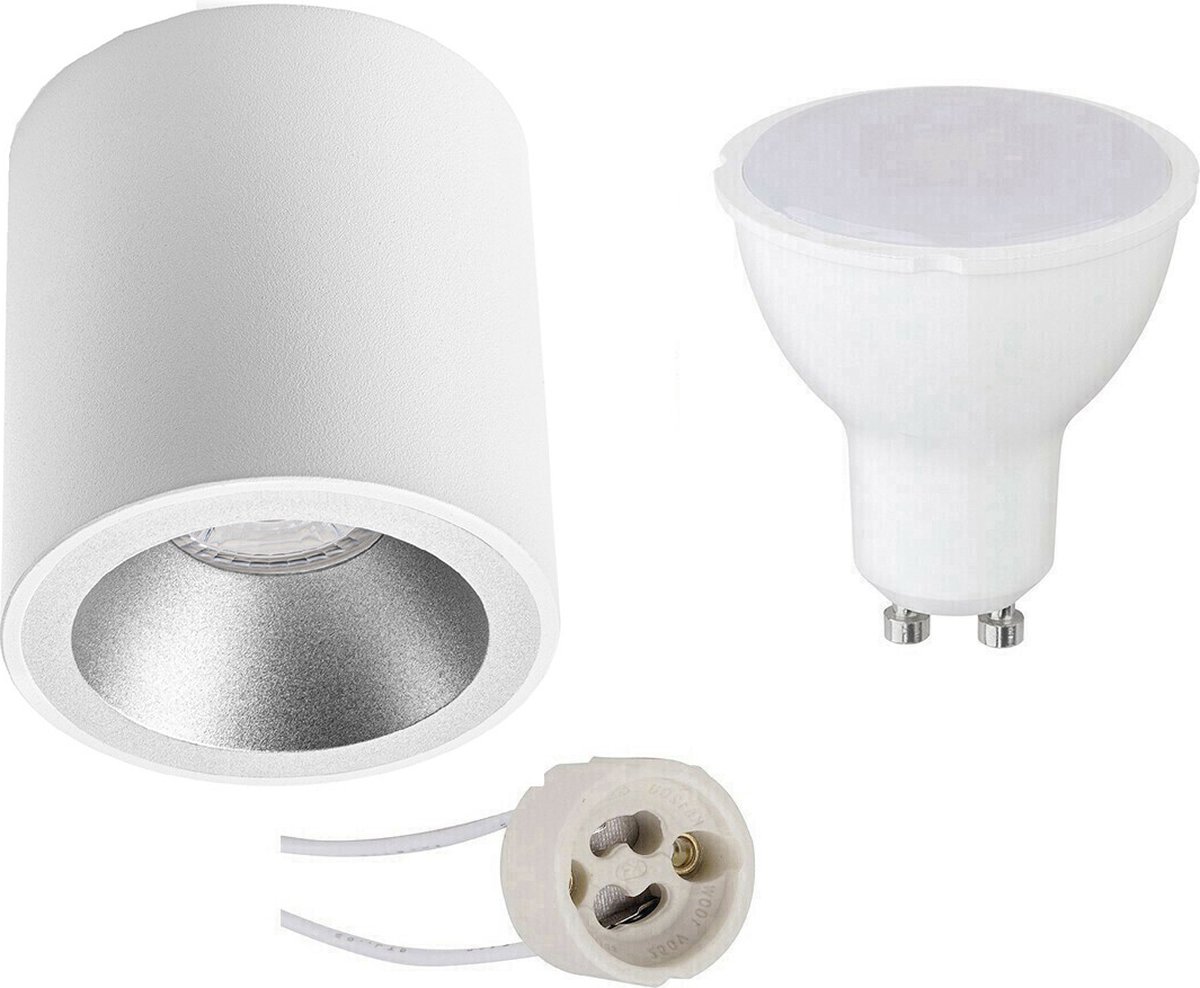 Opbouwspot Set - Pragmi Cliron Pro - GU10 Fitting - Opbouw Rond - Mat Wit/Zilver - 4W - Warm Wit 3000K - Verdiept - Ø90mm