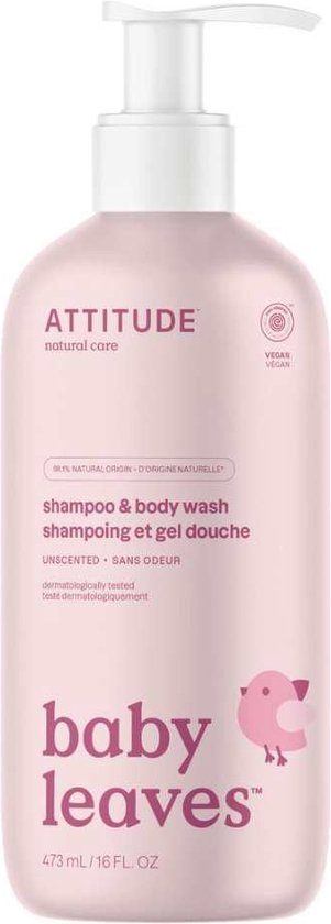 Roze baby shampoo- en douchegelfles met witte pomp, met een roze vogeltje en bladeren.