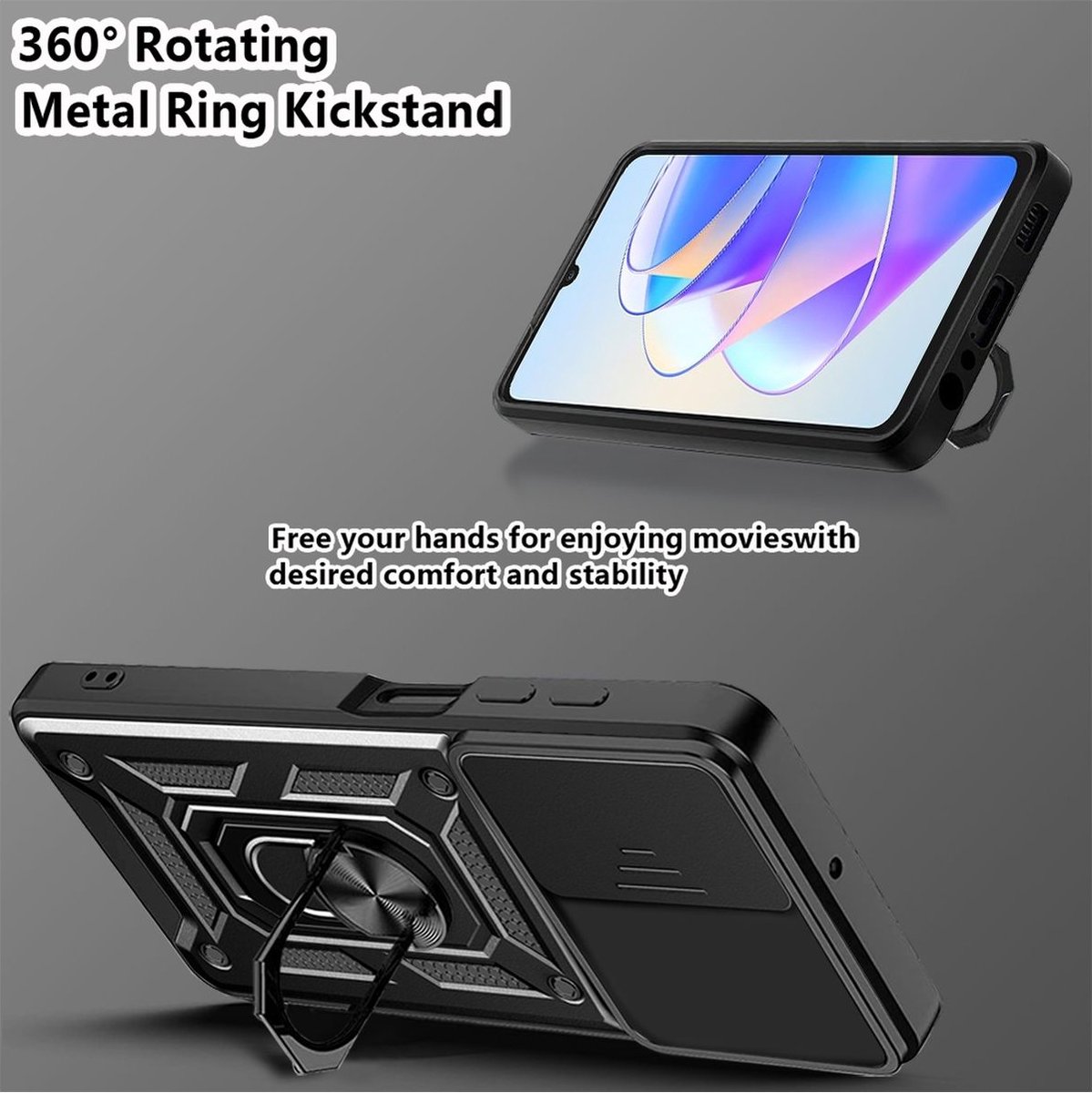 Mobigear Hoesje geschikt voor HONOR X7A Telefoonhoesje Hardcase | Mobigear Armor Ring Cam Slide Backcover Shockproof met Ringhouder en Camera Slider | Schokbestendig X7A Telefoonhoesje | Anti Shock Proof - Rood