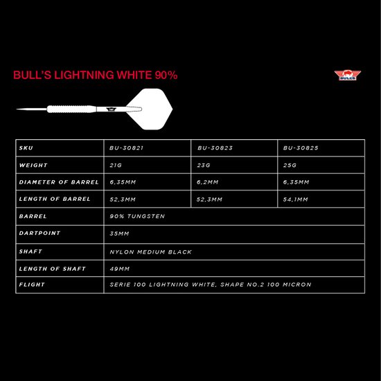 Bull's Lightning White 90% - Dartpijlen - 23 gram van Bull's — afbeelding 2