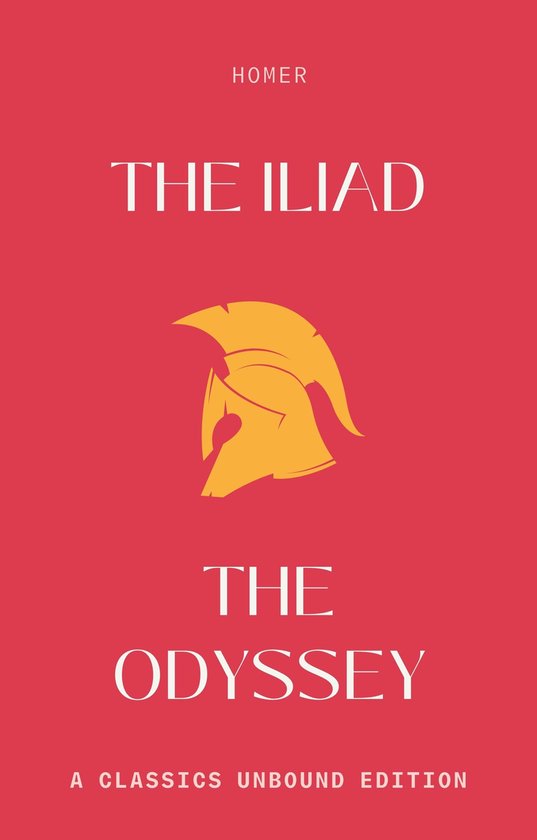 Boekomslag van 'The Iliad' en 'The Odyssey' in het rood met gouden helm.