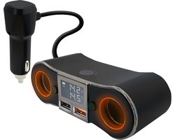 Orbit Electronic Auto Sigarettenaansteker Splitter + Volt- en Temperatuurmeter 12/24V - 2x 12v Sigarettenaansteker - 2x USB Poorten - 5v/2.1A - Sigarettenaansteker Verdeler – ZNB02 - Zwart