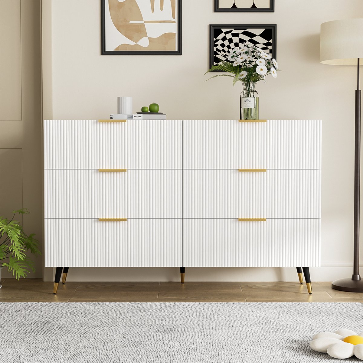 Sweiko Elegante Bestekkast met zes Lades, Gouden handvatten, Modern Design, Commode en ruime opbergruimte, Wit