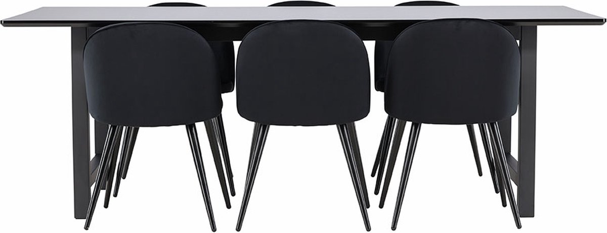 Oslo eethoek eetkamertafel 100x220cm zwart en 6 Skagen stoel velours zwart.