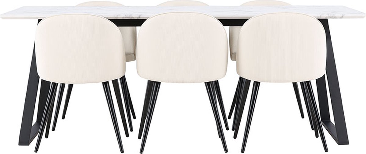 Malaga eethoek eetkamertafel 90x200cm wit en 6 Skagen stoel fluweel beige.
