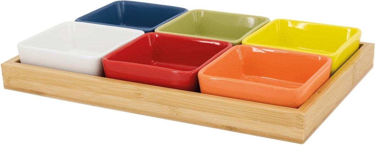 Exclusieve schalenset met houten dienblad voor snacks en dips ideaal als snackbord voor voorgerechten tapas 7-delig