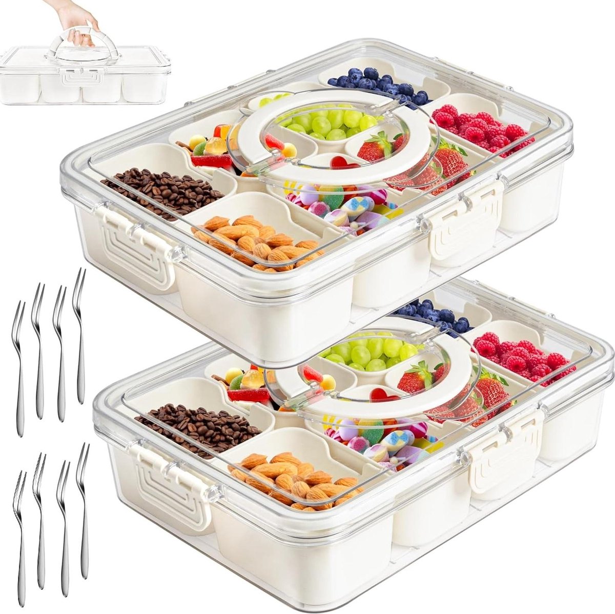 Snackborden met vakken - 2 stuks - snackschaal met deksel - lekvrij - snacktablet-organizer - voor snoep - vegie - koekjes - noten - desserts - fruit