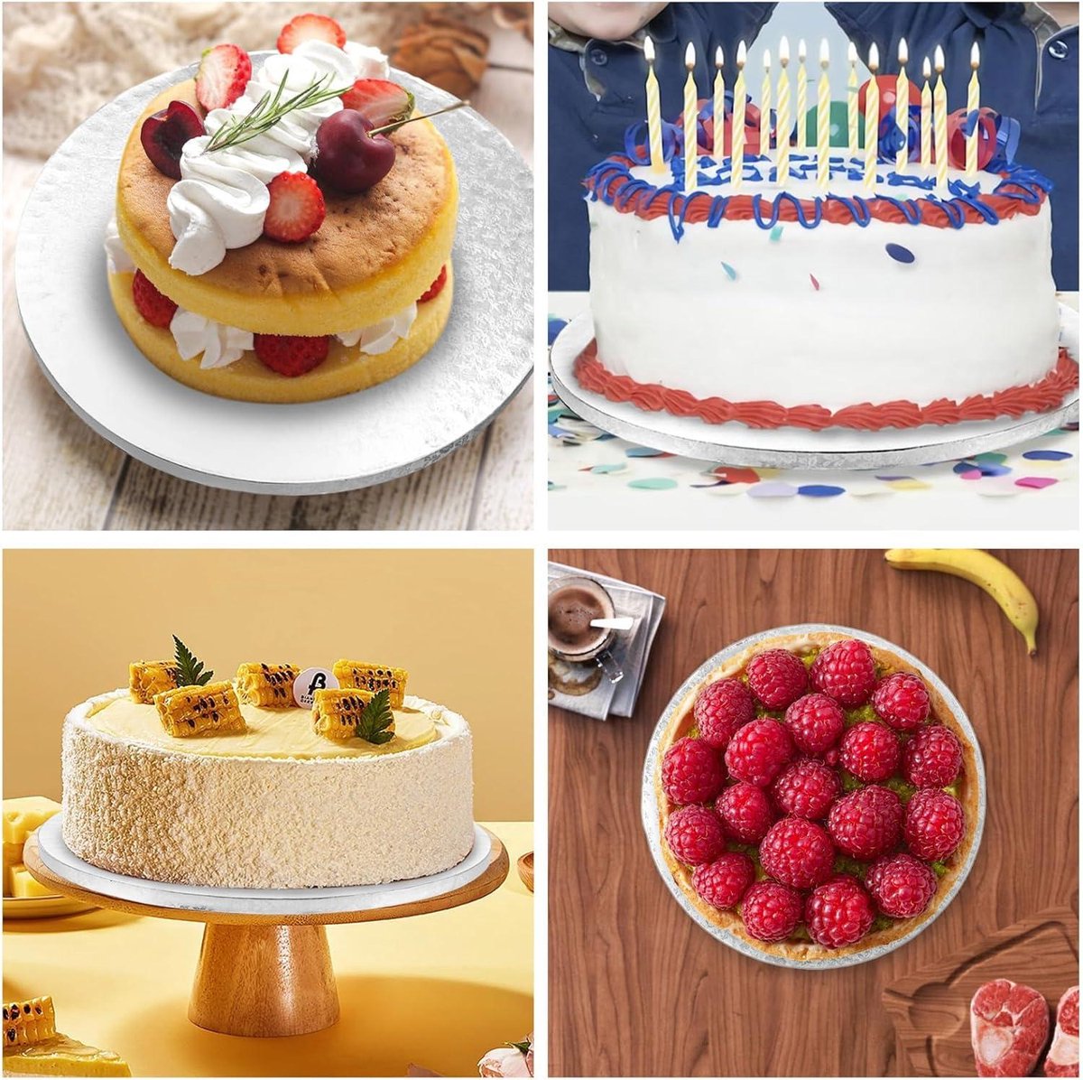 Plateau à Gâteau Rond 30cm - Lot De 10 Plateaux Argentés 3mm Épais Avec Raclette, Réutilisables Et Robuste Pour Gâteaux Et Tartes