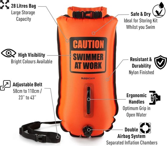 BUDDYSWIM Zwemboei voor Open Water 28 liter. Swimming buoy voor met waterdichte binnentas en waterdicht etui voor mobiele telefoon. Boei zwemmen met verstelbare riem