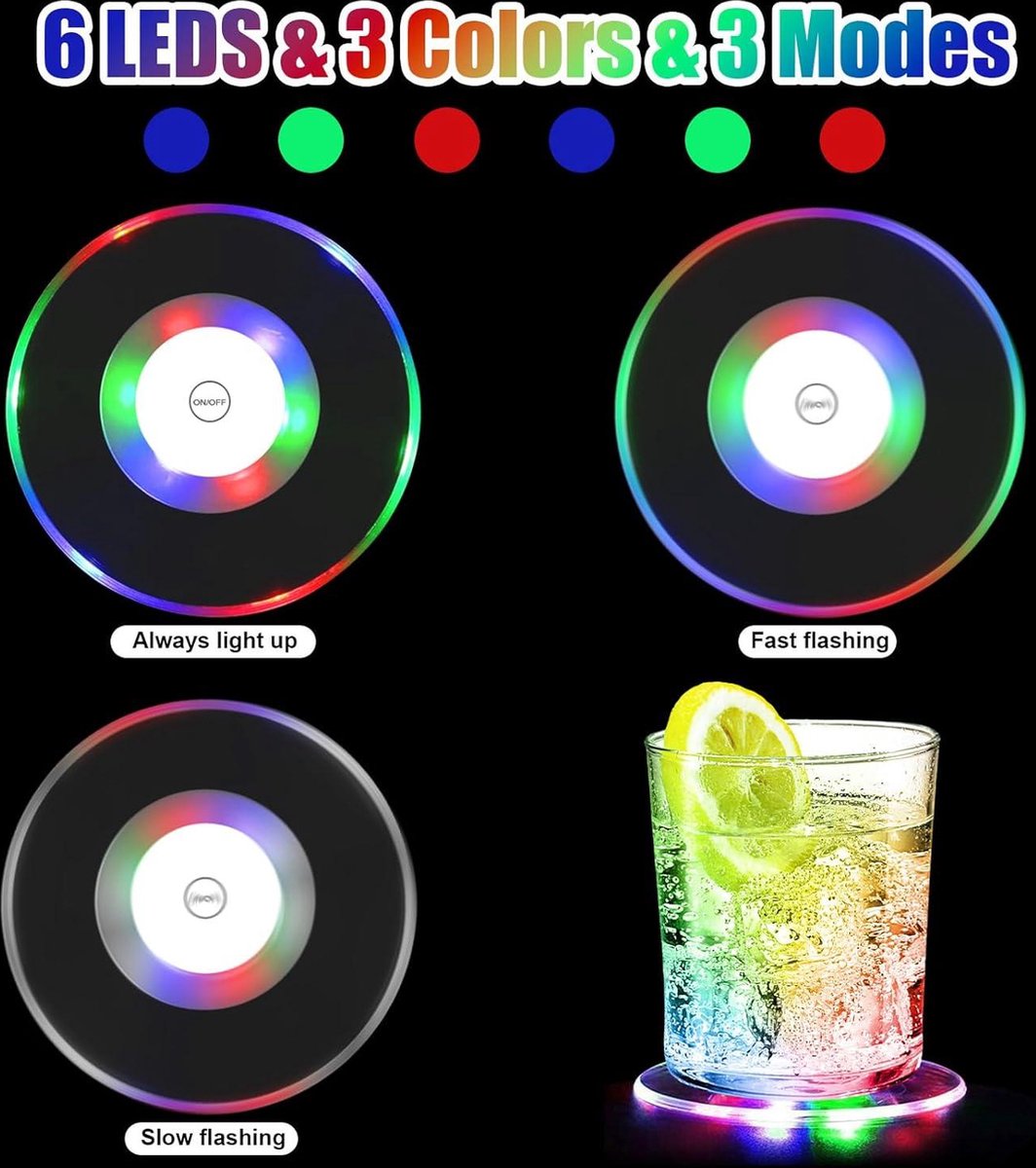 MEDOYOH Set van 8 koelwitte led-onderzetters voor dranken, aan/uit