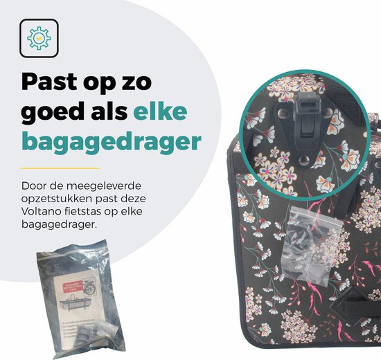 Voltano Enkele Shopper Fietstas - 17 Liter - Pink Elegance - Zwart Met Witte Bloemen - Waterdicht - Luxe Universele Bevestiging van Voltano — afbeelding 2