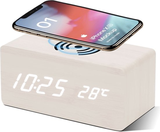 Digitale wekker, 3 instelbare helderheid Slimme houten wekker, 3 in 1 USB opladen, datum, temperatuurweergave, houten LED-klok voor slaapkamer, nachtkastje, bureau, kinderen