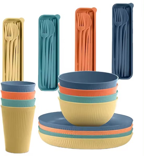 Foto: Green goose bioplastic servies camping servies 16 delig kampeerservies bioplastic borden bekers kommen en bestek vaatwasserbestendig milieuvriendelijk