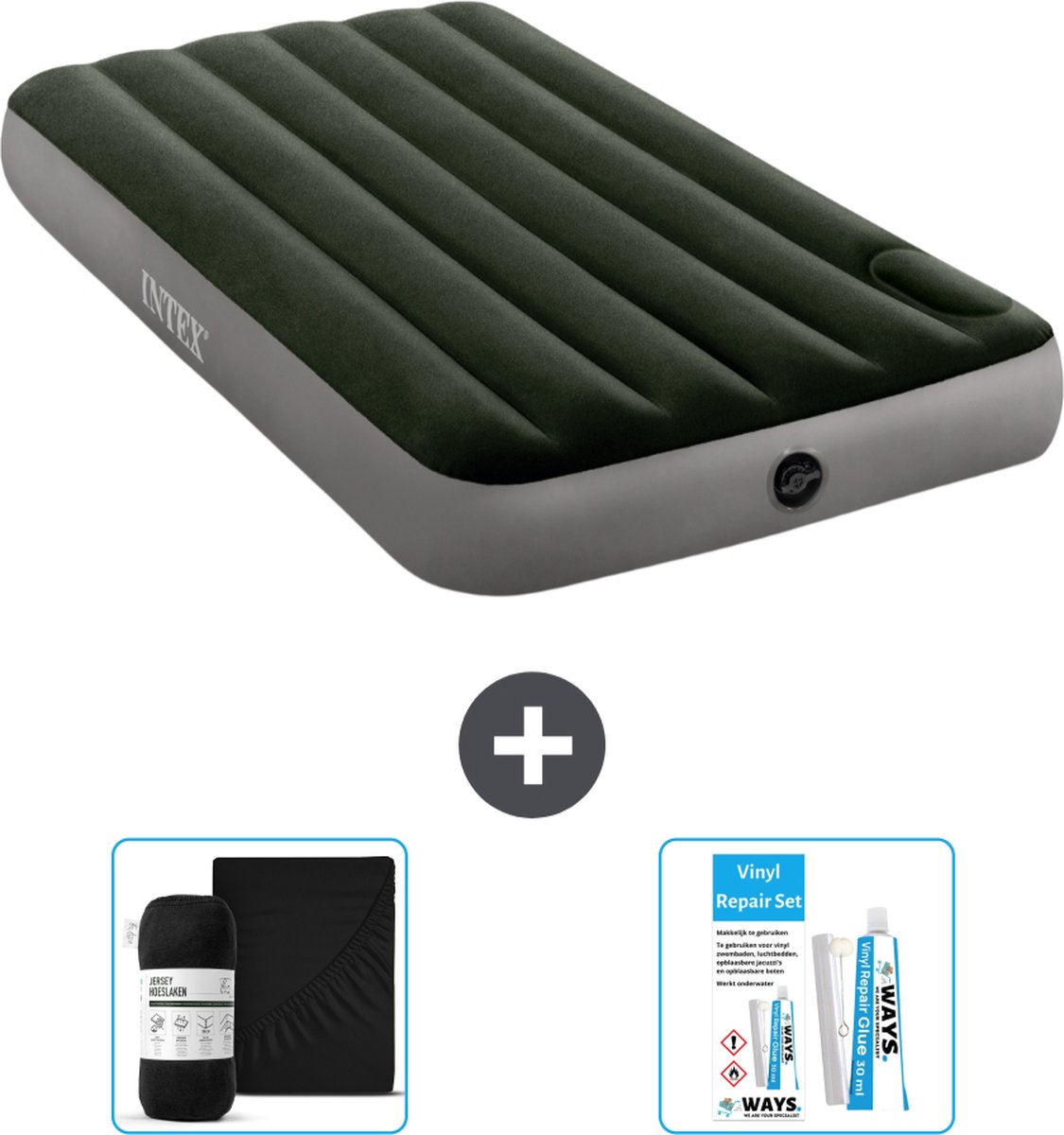 Intex Luchtbed - 1-Persoons - 99 x 191 x 25 cm - Groen - Met ingebouwde voetpomp + Hoeslaken Zwart + Reparatieset