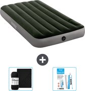 Intex Airbed Set - 1-Person - 99 x 191 x 25 cm - Vert - Avec pompe à pied intégrée + Hoeslaken Zwart + Kit de réparation