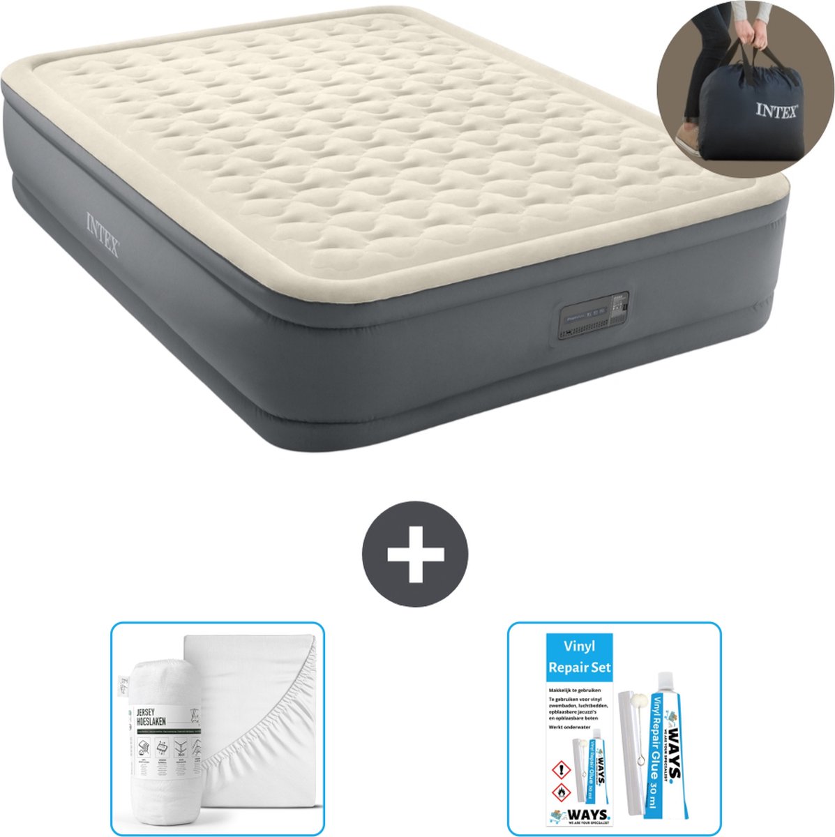 Intex Luchtbedset- 2-Persoons - 152 x 203 x 46 cm - Grijs - Met electrische pomp + Hoeslaken Wit + Reparatieset