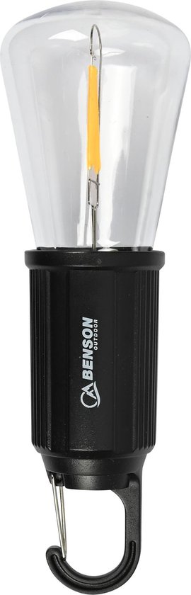 Benson Campinglamp - zwart - kunststof - 5.4 x 17.5 cm - lantaarn - oplaadbaar met karabijnhaak