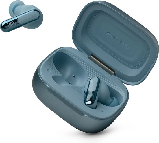 Eén blauw oordopje naast een geopende blauwe laadcase met een oordopje erin.