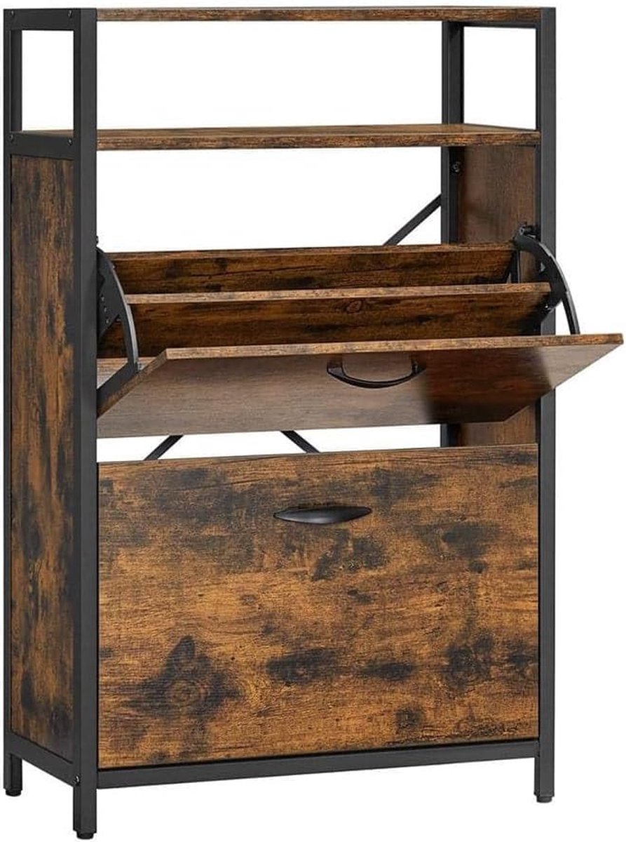 FurnStar Schoenenkast - Schoenenbank - Schoenenrek - Schoenenrek Metaal Hout - Schoenenrek Zwart - 60 x 30 x 95 cm - Vintage Bruin Zwart
