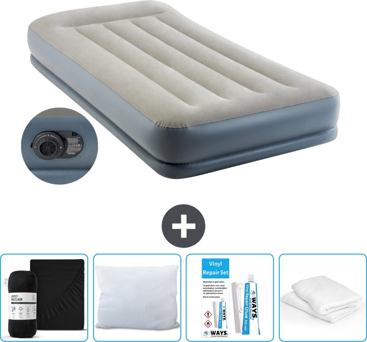 Intex Luchtbed - 1-Persoons - 99 x 191x 30 cm - Grijs - Inclusief pomp - Hoeslaken - Kussen - Kussenbeschermer en Reparatieset