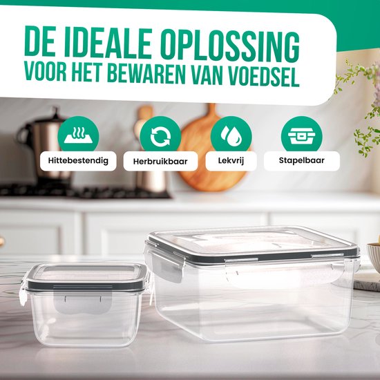 Deux boîtes de conservation carrées transparentes avec des couvercles gris. Icônes pour résistant à la chaleur, réutilisable, étanche et empilable.
