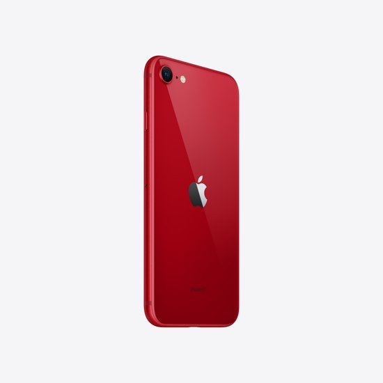 Rode iPhone SE (2022) met achterkant en Apple logo zichtbaar.