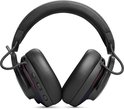 Zwarte JBL Quantum gaming headset met paarse en blauwe LED-verlichting op de oorschelpen.
