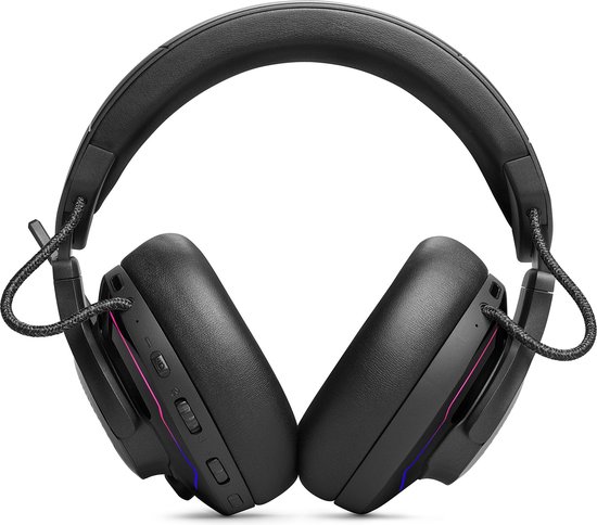 Zwarte JBL Quantum gaming headset met paarse en blauwe LED-verlichting op de oorschelpen.
