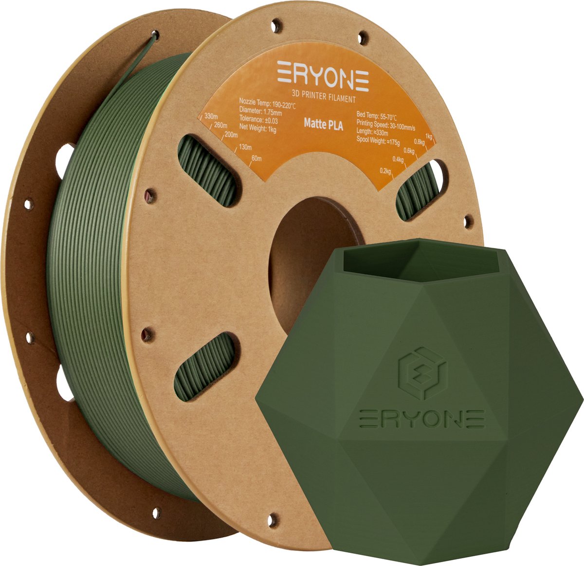 Eryone - Matte PLA - Olive Green - Filament - 1.75mm 1Kg - Voor 3D Printer en 3D Pen - Olijfgroen