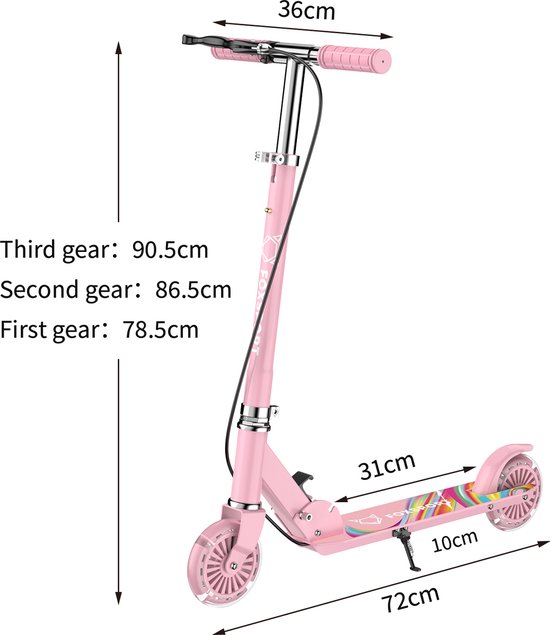Afmetingen van een roze kinderstep: hoogte 78,5-90,5cm, breedte 36cm, lengte 72cm.