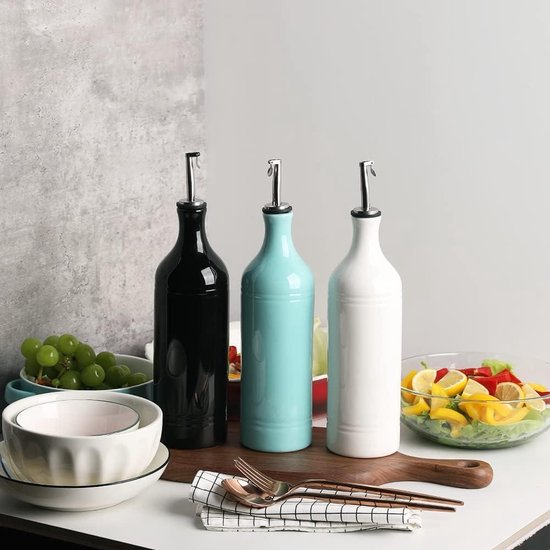 Bouteille Distributeur D'huile D'olive En Céramique 300 Ml - Bec Verseur Anti-gouttes, étiquettes Incluses - Pour Vinaigre, Sirop