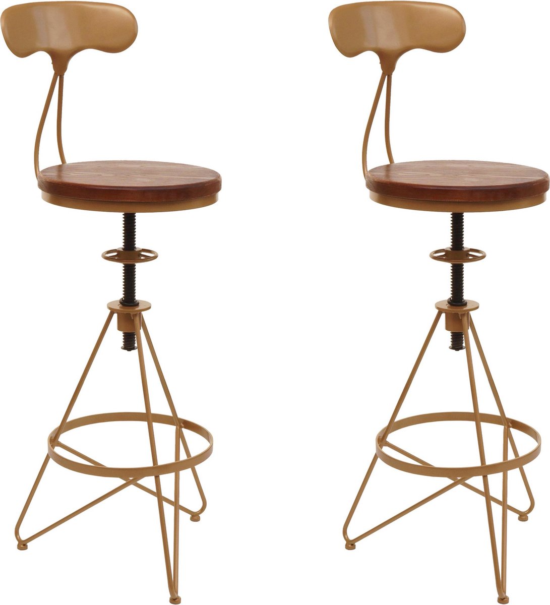 MCW Set van 2 barkrukken MCW-N18, barkruk, in hoogte verstelbare draaibare voetensteun, industrieel metaal hout ~ bruin, frame goud