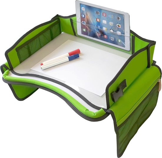 Reistafel voor kinderen - speeltafel voor achterbank vliegtuig trein eettafel - afwisbaar tafelblad - groen - met tablethouder pensenhouder en vakken auto tafeltje kind