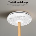 Witte, ronde rookmelder met cirkelvormig patroon van gaatjes, gemonteerd aan het plafond. Een houten stok raakt het midden.