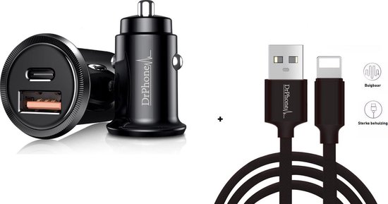 DrPhone Invisible Pro - USB + USB-C Auto Oplader + 1 Meter Apple Lightning  Kabel... | bol.com