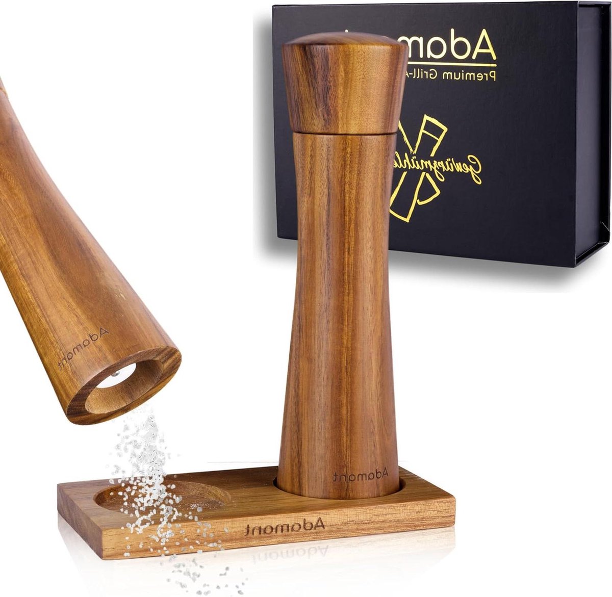 Zout- en pepermolenset van acaciakernhout inclusief onderzetter 21 cm voor Himalaya zout en verse peper huwelijksgeschenk keramisch maalwerk Adamant. salt and pepper grinder set copper