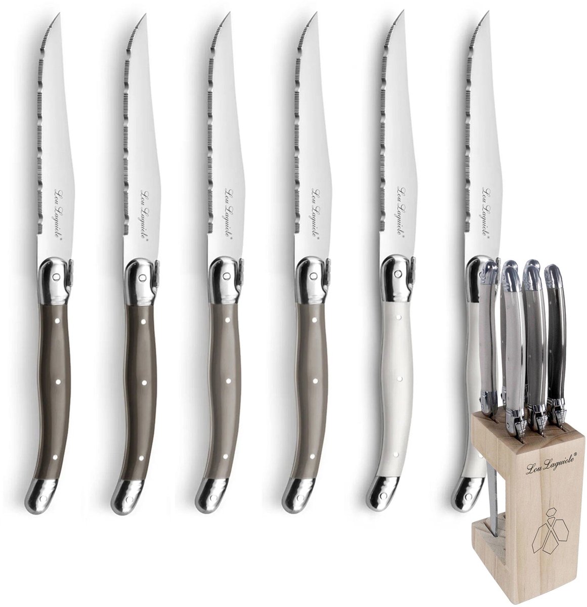 Bol.com Lou Laguiole® 6-delige Steakmessenset Multicolour in Houten Messenblok – Peper/Parelmoer/Taupe – Vlijmscherp – Micro-Ser... aanbieding