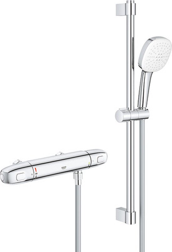 Grohe thermostaatkraan met douchegarnituur in glanzend chroom. Inclusief glijstang, handdouche en doucheslang.